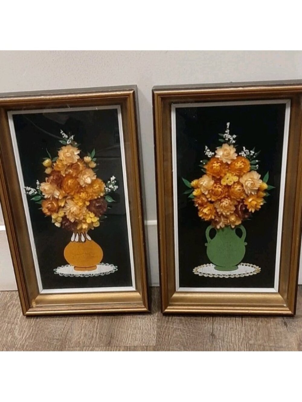 Vintage Pair Shadow Box Dried Straw Flowers on Black Velvet Background Artwork